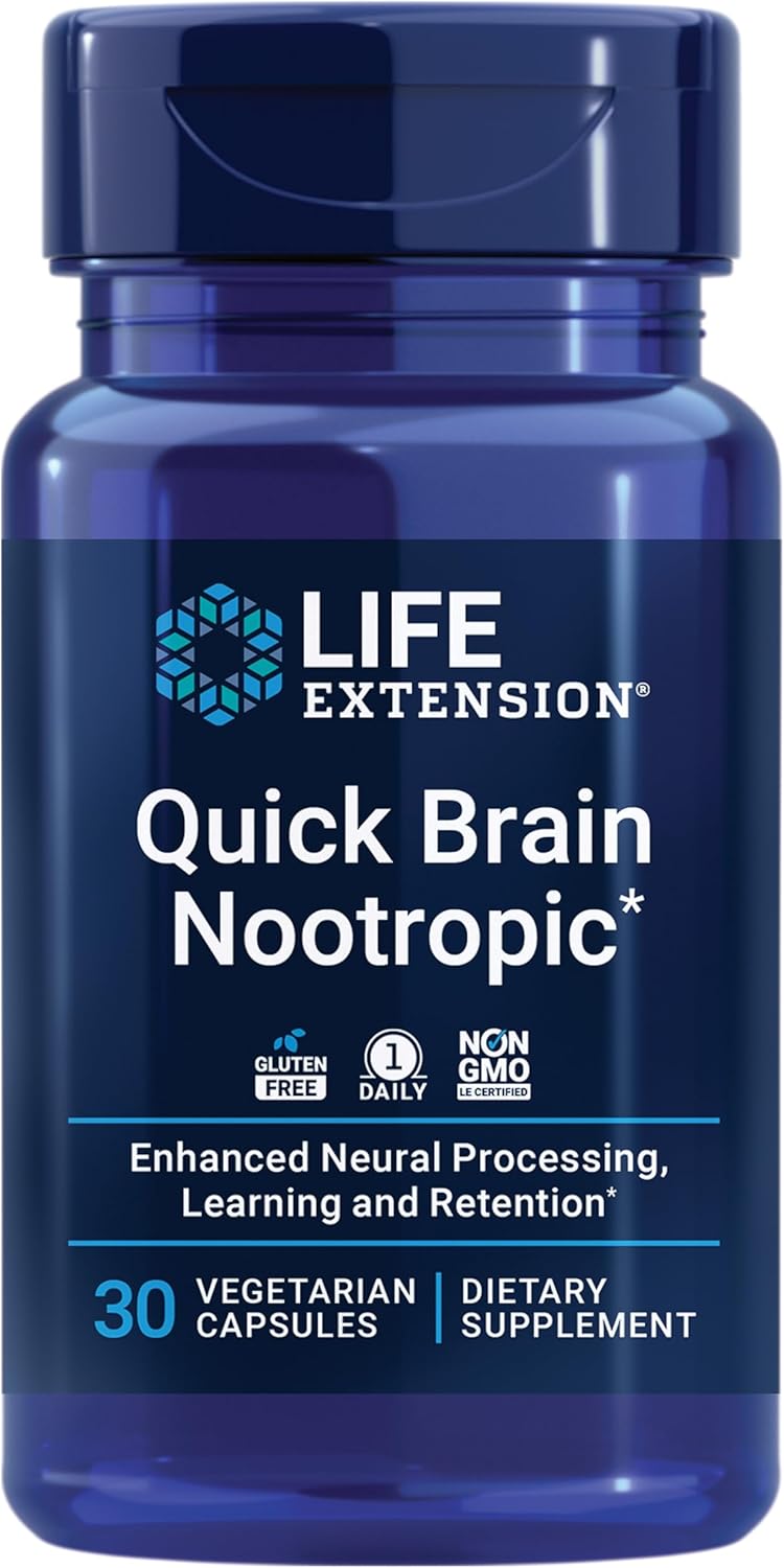 Life Extension Quick Brain Nootropic, 30 vegetarian capsules—Enhanced brain performance, learning and retention, brain supplement- 1-Daily, gluten-free, non-GMO