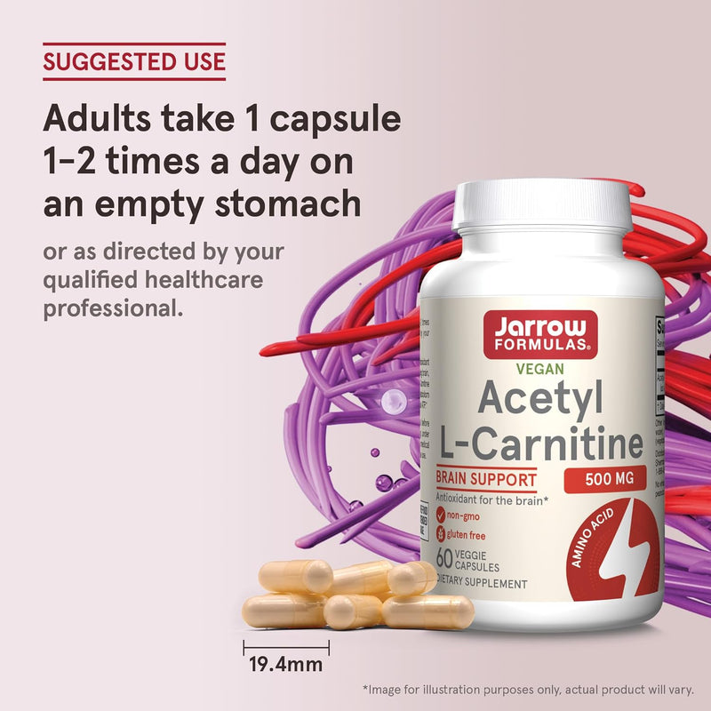 Jarrow Formulas Acetyl L-Carnitine 500 mg, Dietary Supplement, Amino Acid Support for Brain Health and Antioxidants, 60 Veggie Capsules, 60 Day Supply