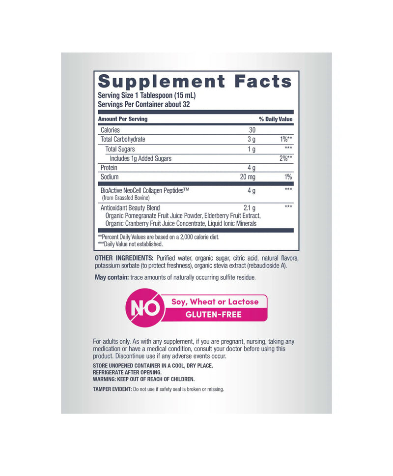 NEOCELL Collagen Liquid, 16 FL OZ Pomegranate Flavor
Clean, delicious taste