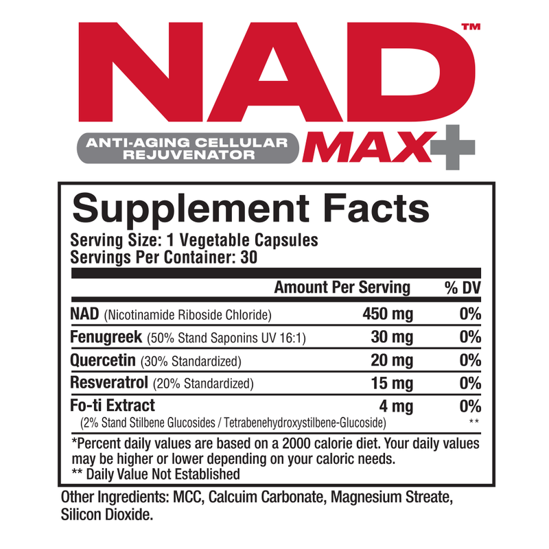 Metabolic Nutrition NAD MAX Plus+ 450mg of NAD + Fenugreek, Quercetin, Resveratrol and Fo-ti Extract for Anti-Aging Cellular Rejuvination, Also Supports Cellular Energy,30 Vegetable Capsules