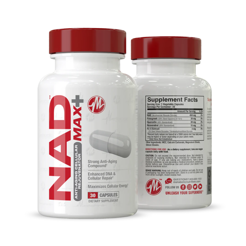 Metabolic Nutrition NAD MAX Plus+ 450mg of NAD + Fenugreek, Quercetin, Resveratrol and Fo-ti Extract for Anti-Aging Cellular Rejuvination, Also Supports Cellular Energy,30 Vegetable Capsules