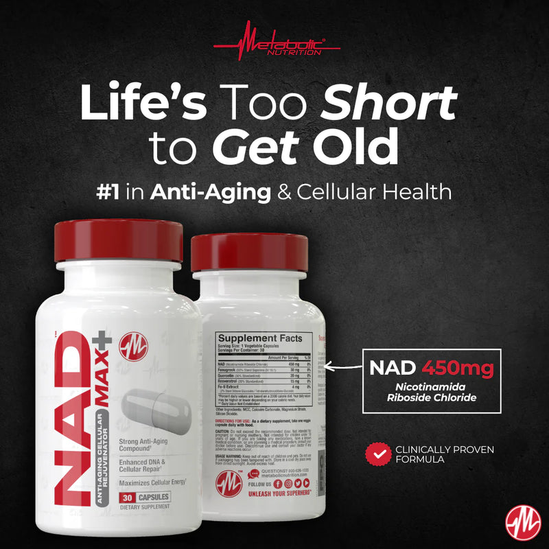 Metabolic Nutrition NAD MAX Plus+ 450mg of NAD + Fenugreek, Quercetin, Resveratrol and Fo-ti Extract for Anti-Aging Cellular Rejuvination, Also Supports Cellular Energy,30 Vegetable Capsules